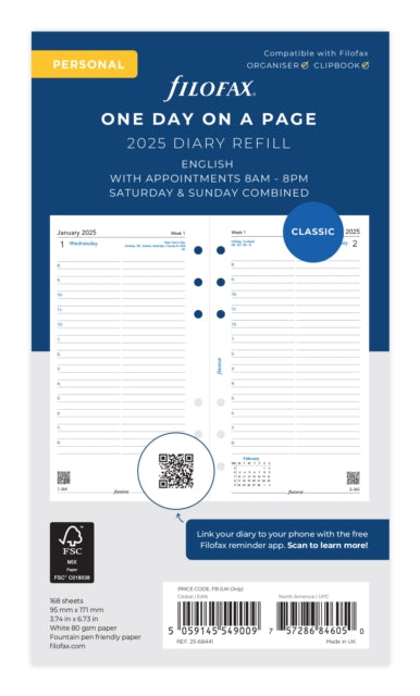 Filofax Personal Day Per Page English Appointments 2025 Diary-5059145549009