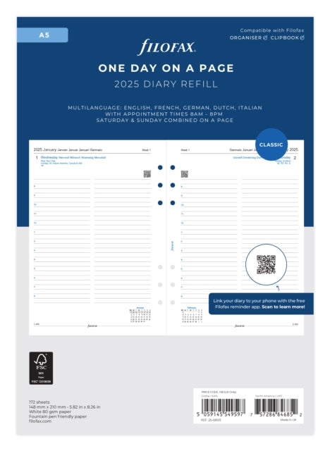 Filofax A5 Day Per Page 5 Language Appointments 2025 Diary-5059145549597