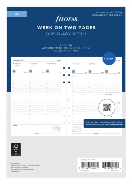 Filofax A5 Week On Two Pages English Column Format  2025 Diary-5059145549672