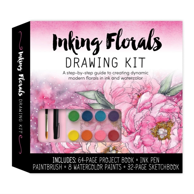 Inking Florals Drawing Kit : A step-by-step guide to creating dynamic modern florals in ink and watercolor - Includes: 64-page project book, ink pen, paint brush, 8 watercolor paints, 32-page sketchbo-9780785840541