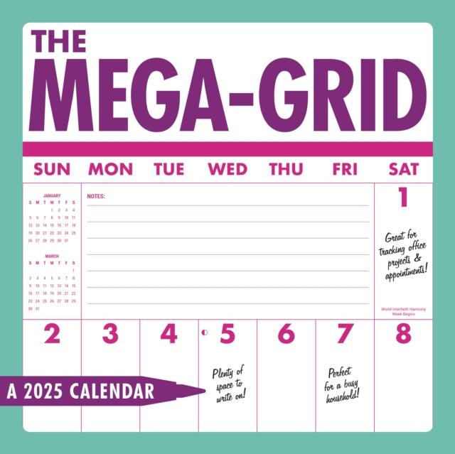 Mega Grid Sunday Start Square Wall Calendar 2025-9781529844399